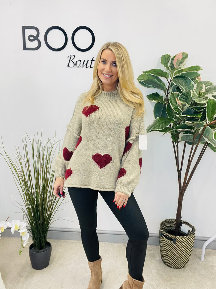 LADIES CHUNKY KNIT HEART JUMPER - MOCHA, BEIGE, BROWN & PINK