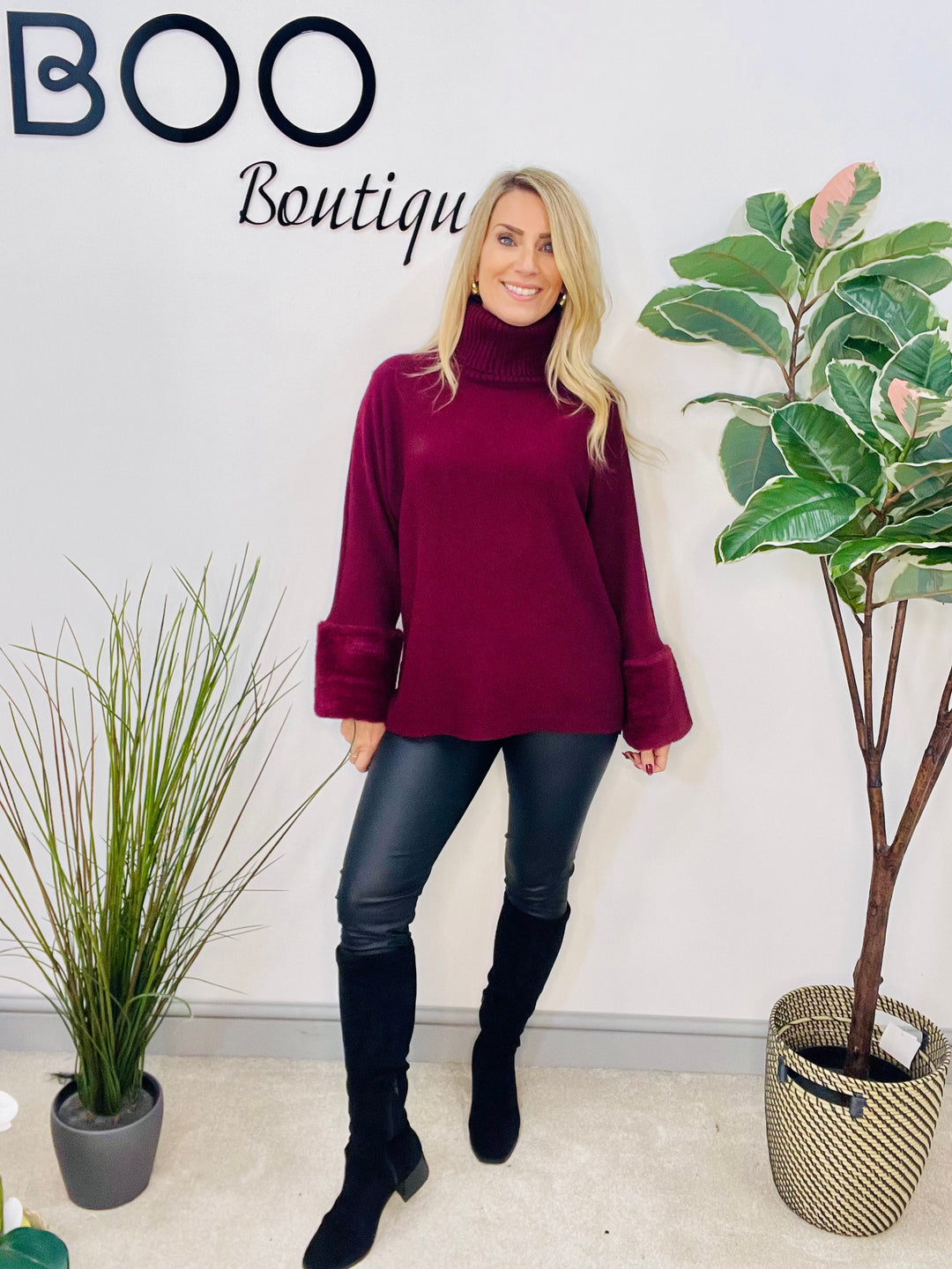 LADIES KNITTED FAUX FUR CUFF JUMPER - BURGUNDY, GREY, BLACK, BROWN, BEIGE, CAMEL
