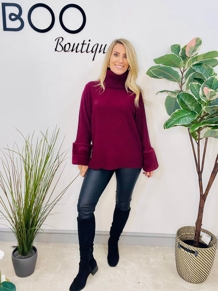 LADIES KNITTED FAUX FUR CUFF JUMPER - BURGUNDY, GREY, BLACK, BROWN, BEIGE, CAMEL
