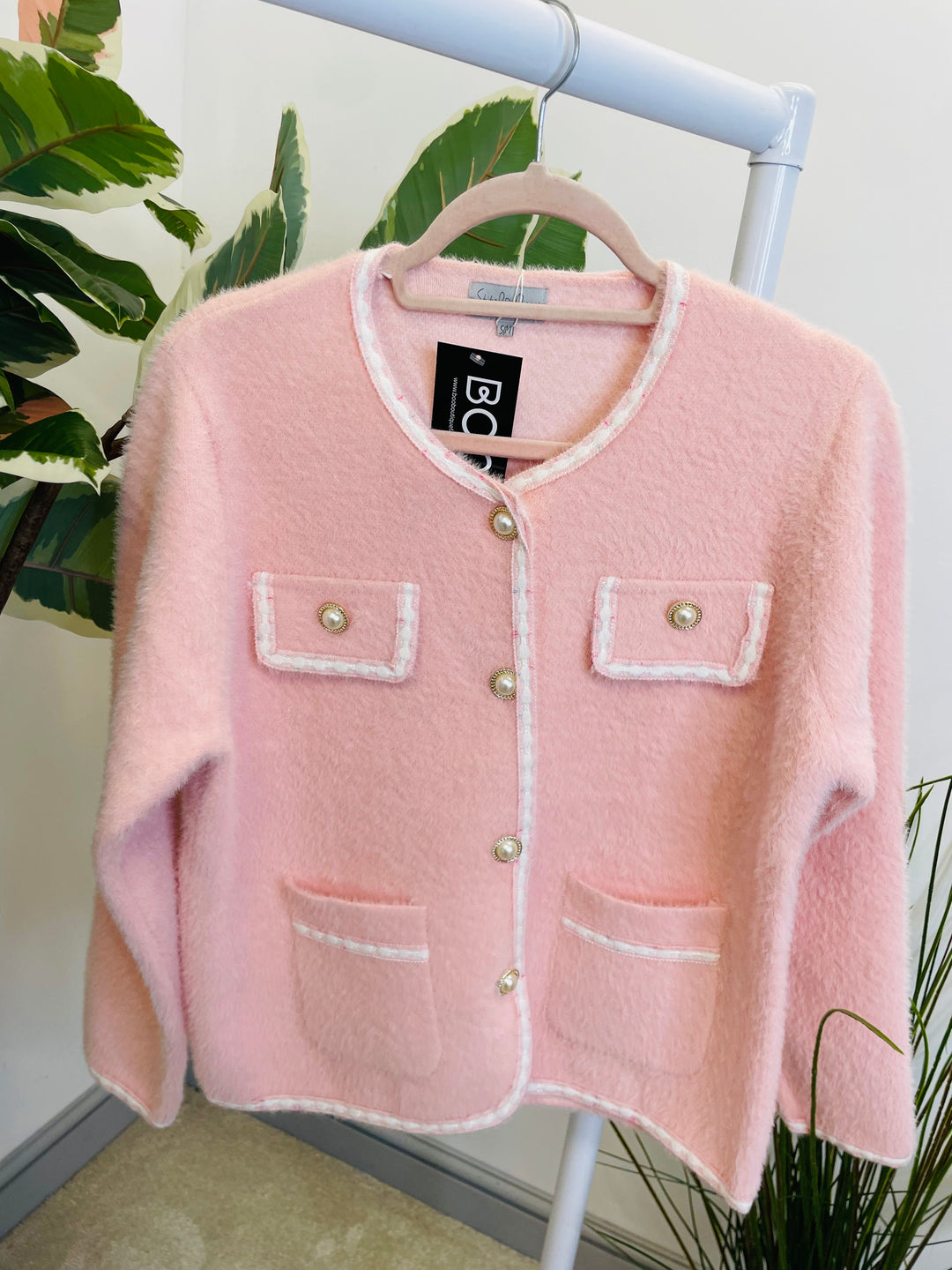 LADIES FLUFFY KNIT INSPIRED STYLE CARDIGAN - PINK & BLUE