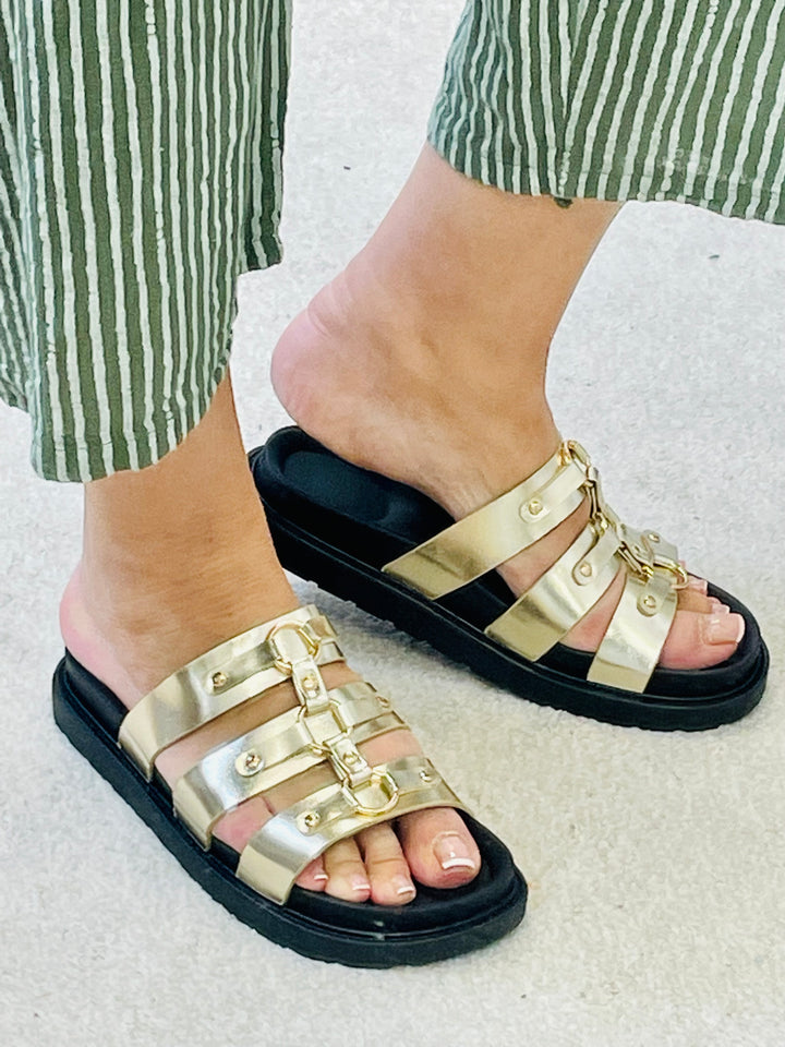 LADIES FLAT FOOTBED BUCKLE SLIDER SUMMER SANDALS - GOLD & NUDE