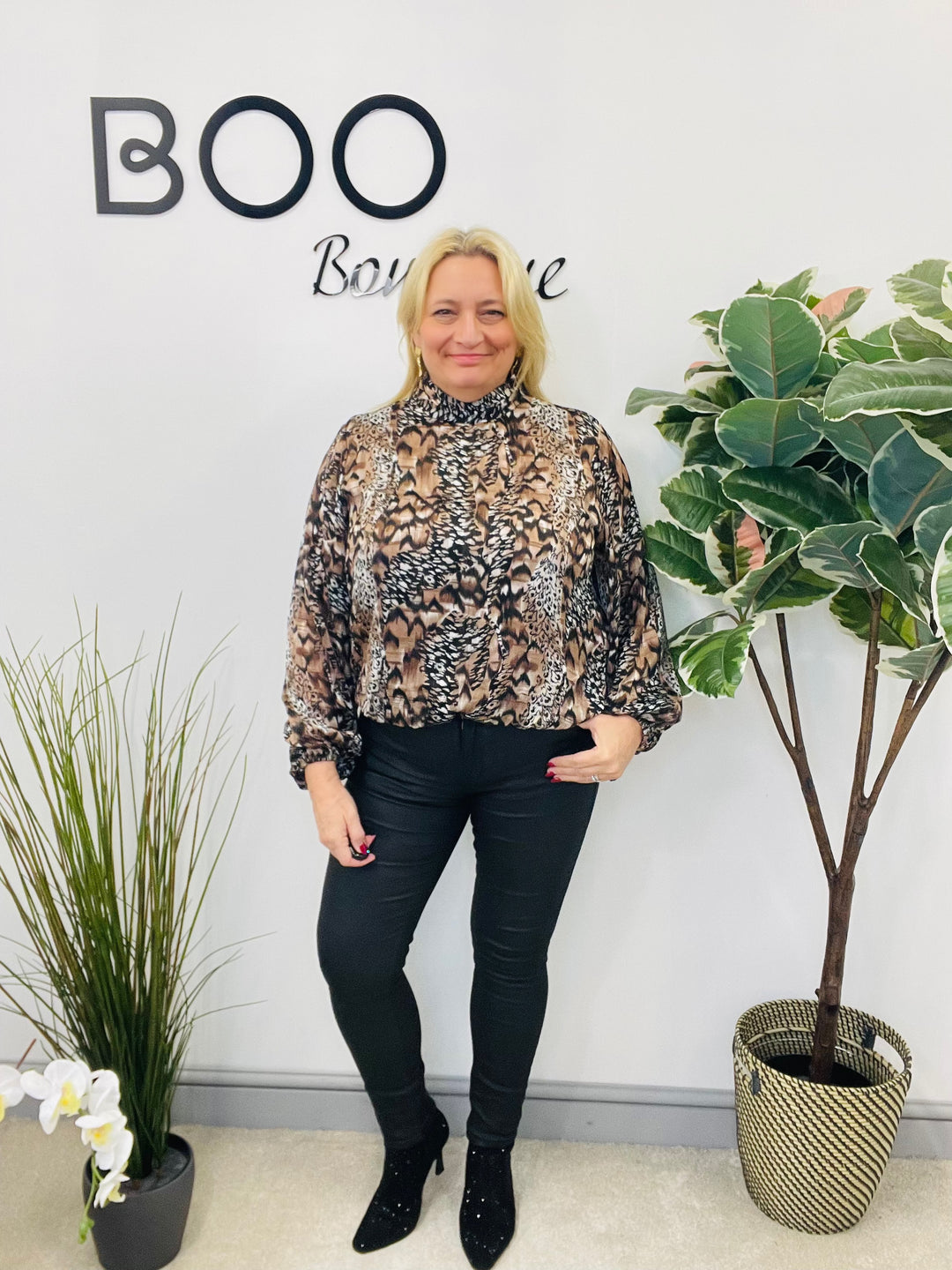 LADIES ANIMAL PRINT HIGH NECK CHIFFON TOP