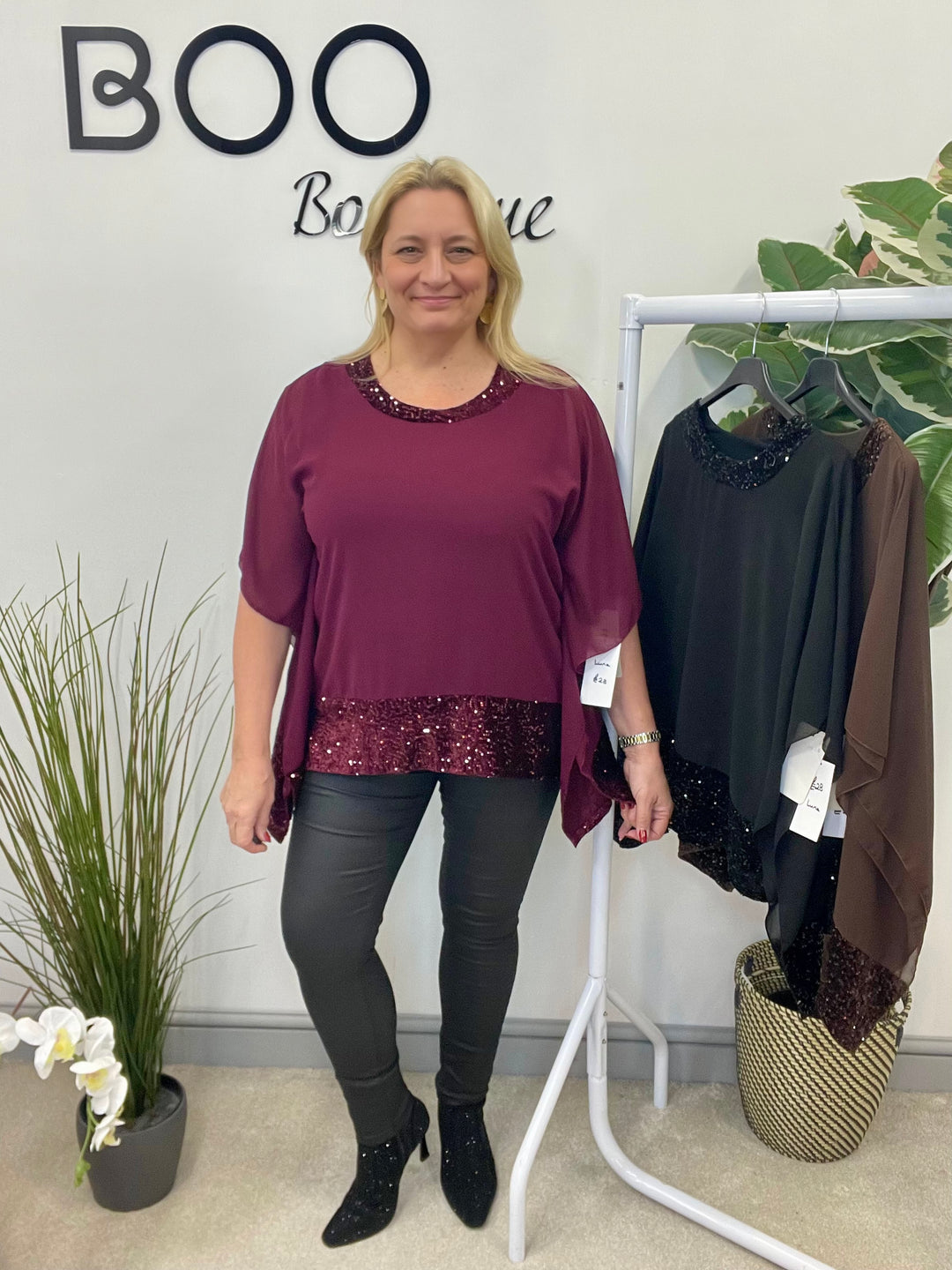 LADIES CHIFFON FLOATY SEQUIN PARTY TOP - BROWN, BLACK, BERRY