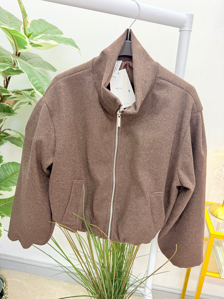 Ladies Fashion Felt Bomber Jacket - Mocha & Brown
