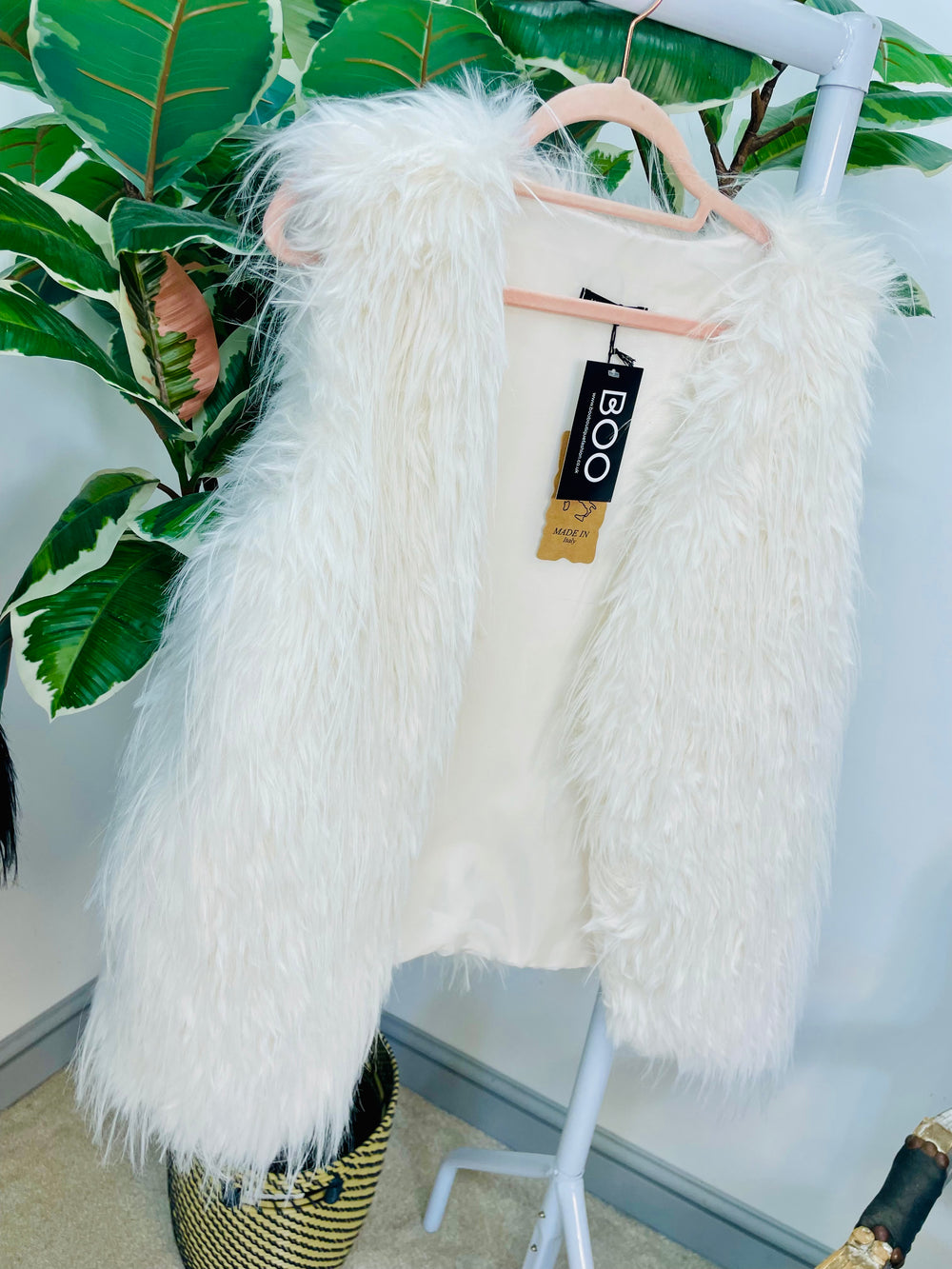 LADIES FLUFFY FURRY GILET - BLACK & WHITE