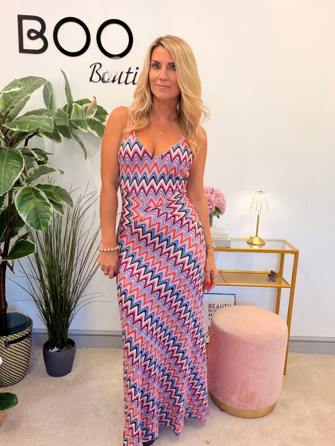 Ladies Inspired Zig Zag Stretch Lilac Fitted Maxi Dress