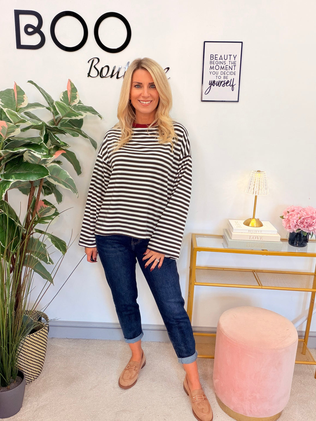 Women’s Stripe Long Sleeve Slouch Top - Wine, Navy, Pink, Brown