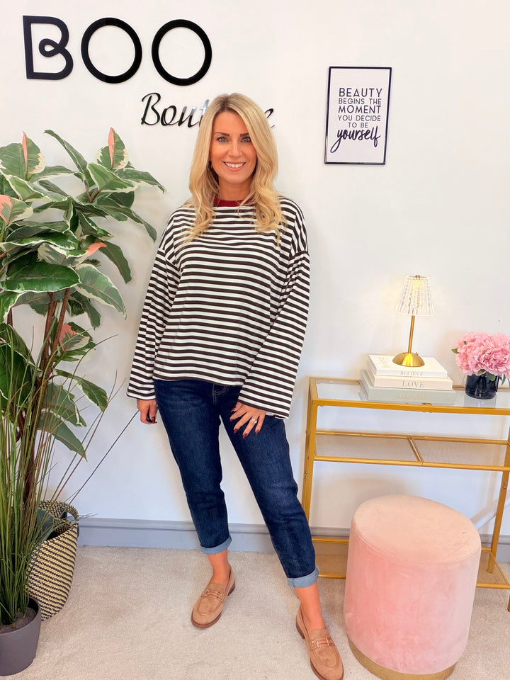 Women’s Stripe Long Sleeve Slouch Top - Wine, Navy, Pink, Brown
