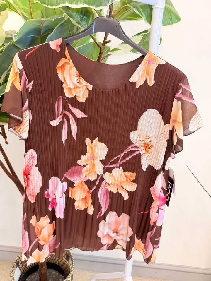 Ladies Pleated Floral Print Chiffon Top - Black, Cream, Blue, Lemon, Pink, Navy, Brown