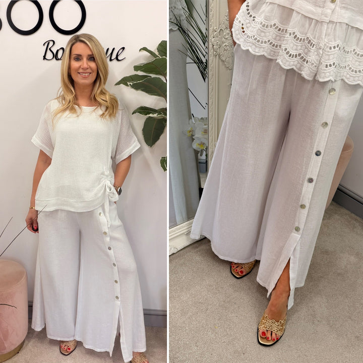 Ladies Fashion Wide Leg Palazzo Teabag Linen Trousers white