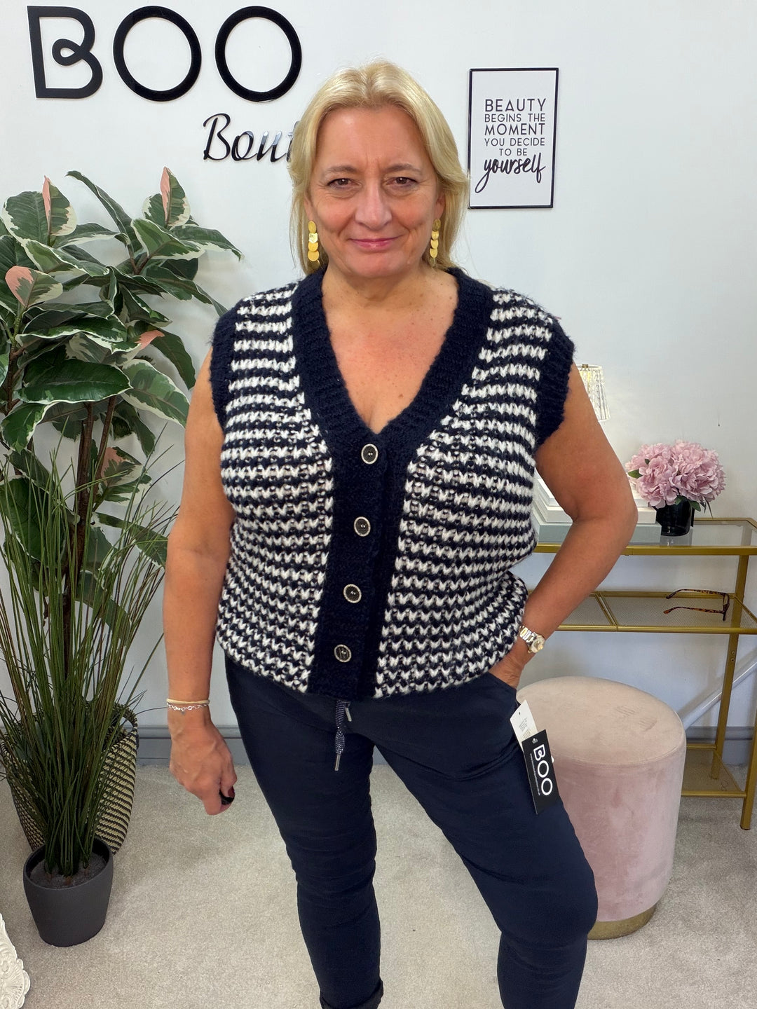 Women’s herringbone knit waistcoat - navy, beige, black, mocha & brown