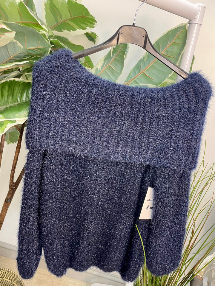 LADIES FLUFFY BARDOT JUMPER - NAVY, BLACK, WINE, MOCHA, BROWN, CREAM