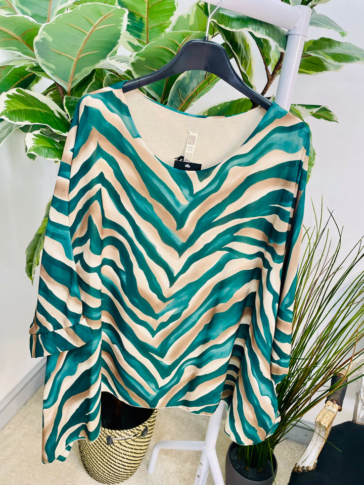 LADIES ZEBRA PRINT CHIFFON FLOATY TOP BLOUSE - GREEN, BLACK & BURGUNDY