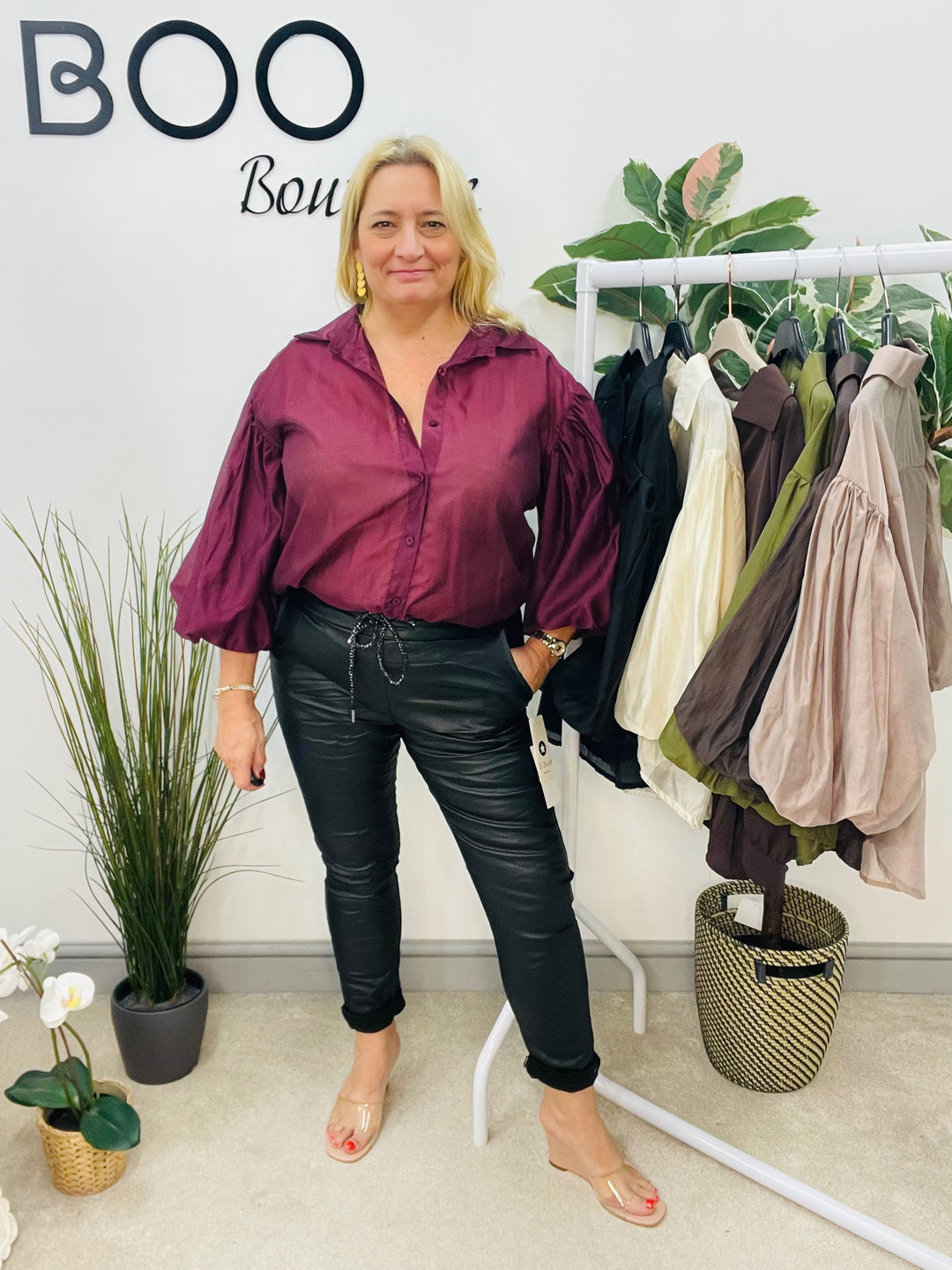 LADIES SHEER PUFF SLEEVE BLOUSE - OLIVE, BLACK, CREAM, TAUPE, WINE, BROWN