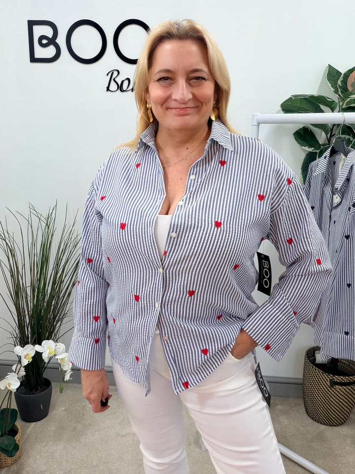 Ladies Fashion Pinstripe Shirt - Navy, Blue & Beige