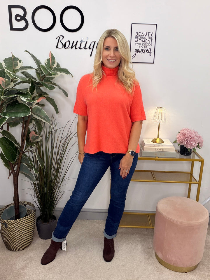 Ladies Fashion High Neck Soft Knit Short Sleeve Jumper coral