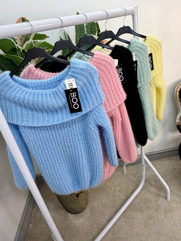 LADIES FLUFFY KNIT BARDOT JUMPER - MINT, BLACK, PINK, LEMON & BLUE