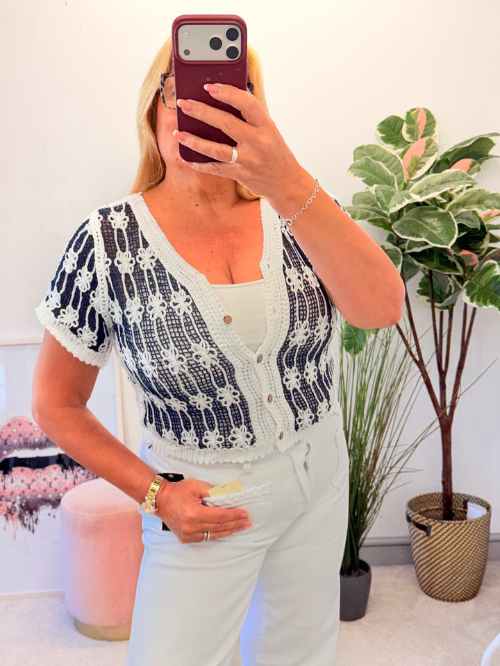 Ladies Navy & White Crochet Bolero Cardigan Top
