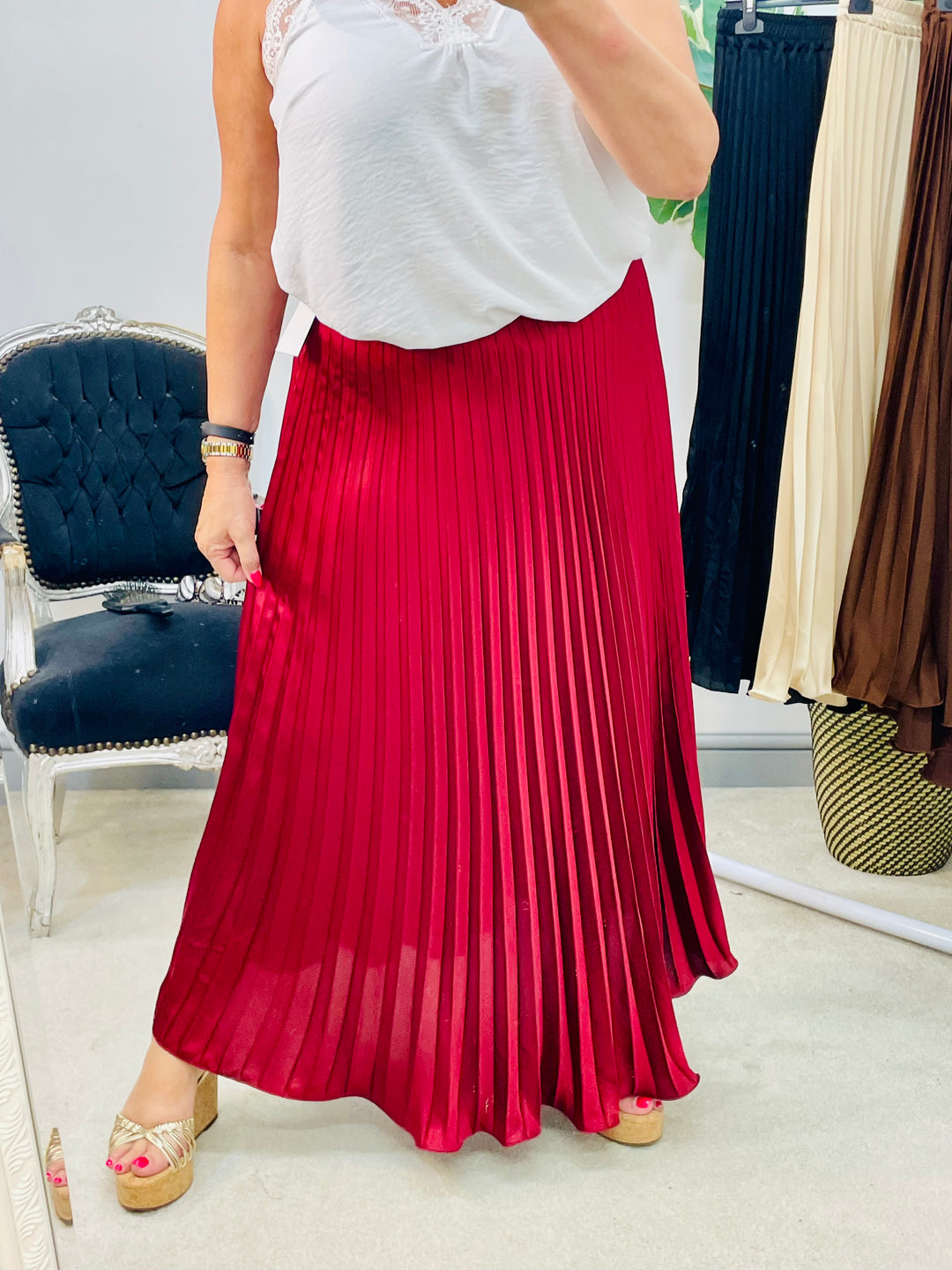 LADIES SATIN PLEATED MAXI SKIRT - BLACK, BURGUNDY, BROWN & CHAMPAGNE