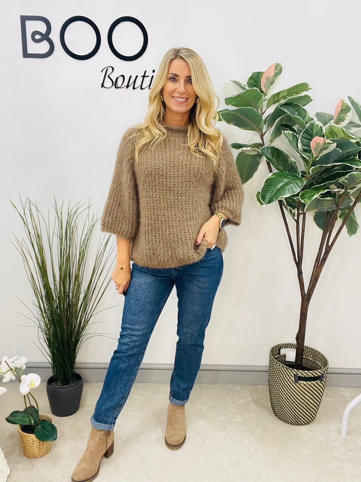 LADIES FLUFFY SHORT SLEEVE JUMPER - BROWN, BLACK, BEIGE, BLUE, BURGUNDY, MOCHA