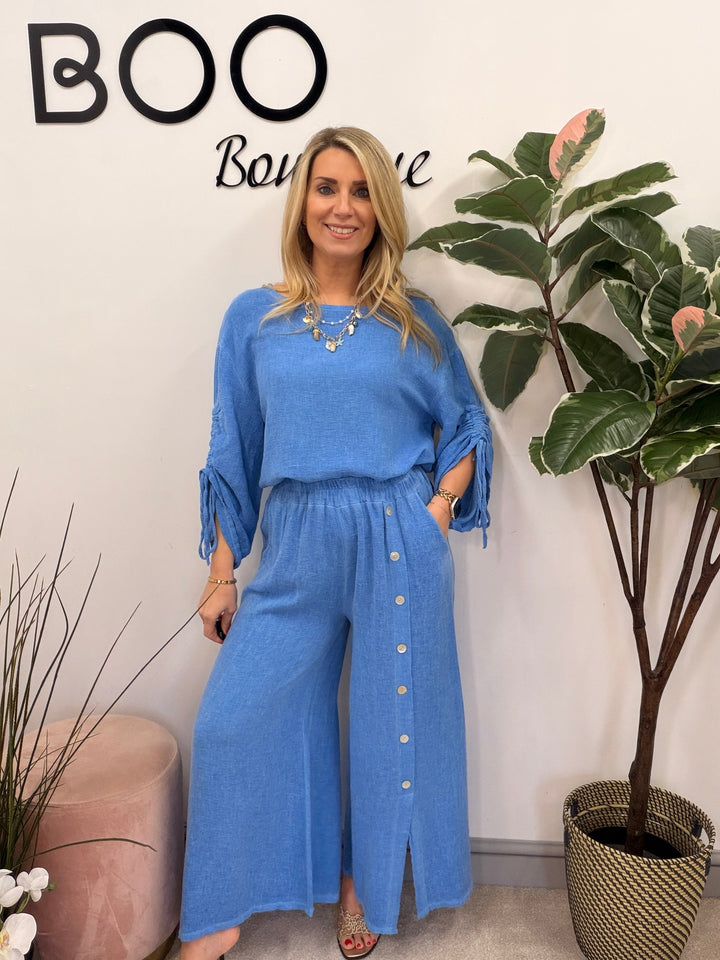 Ladies Fashion Ruche Sleeve Teabag Linen Top royal blue