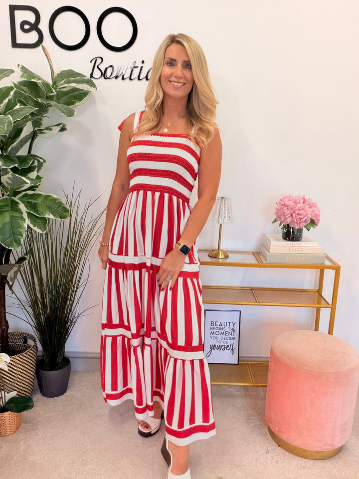 Ladies Candy Stripe Summer Sun Maxi Dress - Royal Blue, Navy & Red