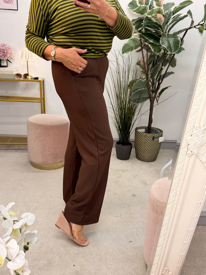 Ladies Fashion Wide Leg High Waist Smart Trousers - Black & Brown
