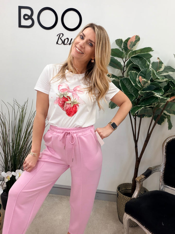 LADIES WHITE STRAWBERRY LOGO STRETCH T SHIRT