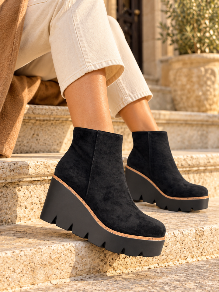 Black Faux Suede Wedge Heel Platform Ankle Boots ( 5067 )