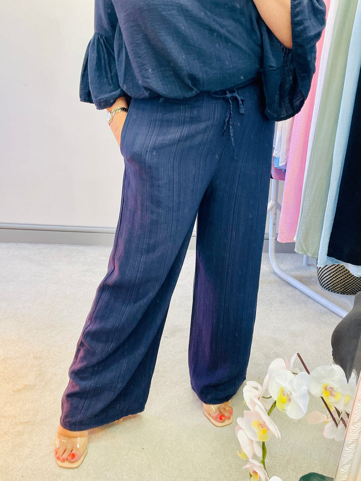 LADIES WOMENS WIDE LEG PALAZZO TROUSERS - BLACK, KHAKI, WHITE, PINK, BLUE & NAVY