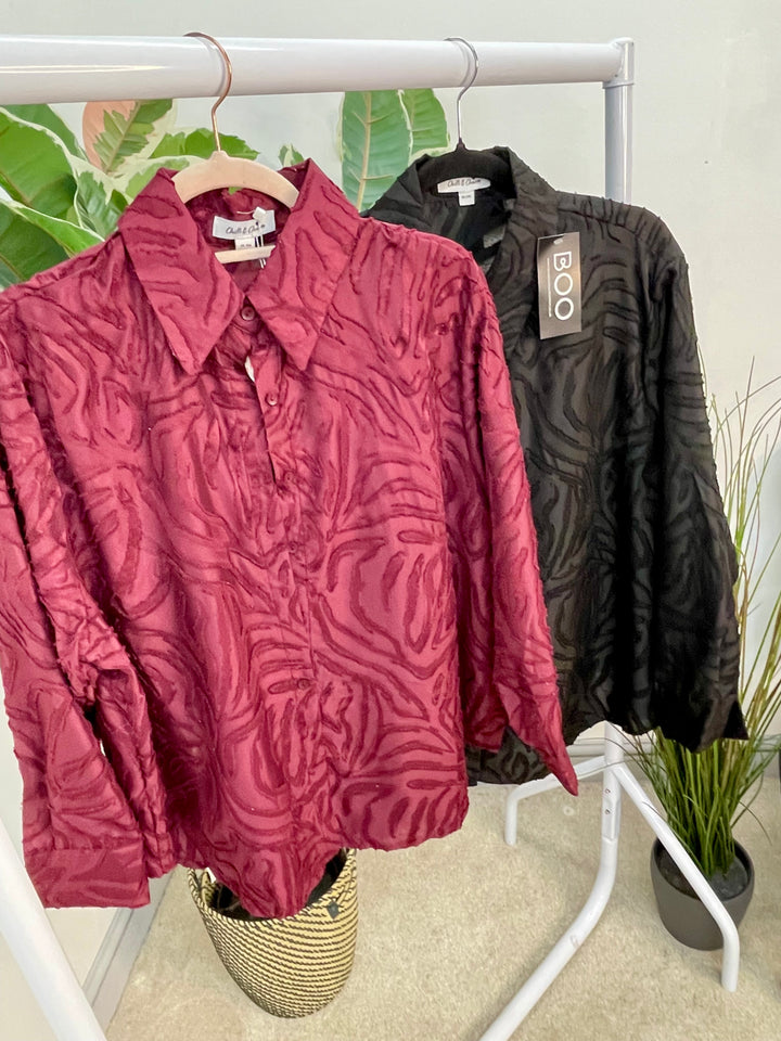 LADIES SMART SHIRT BLOUSE - BLACK & WINE BERRY
