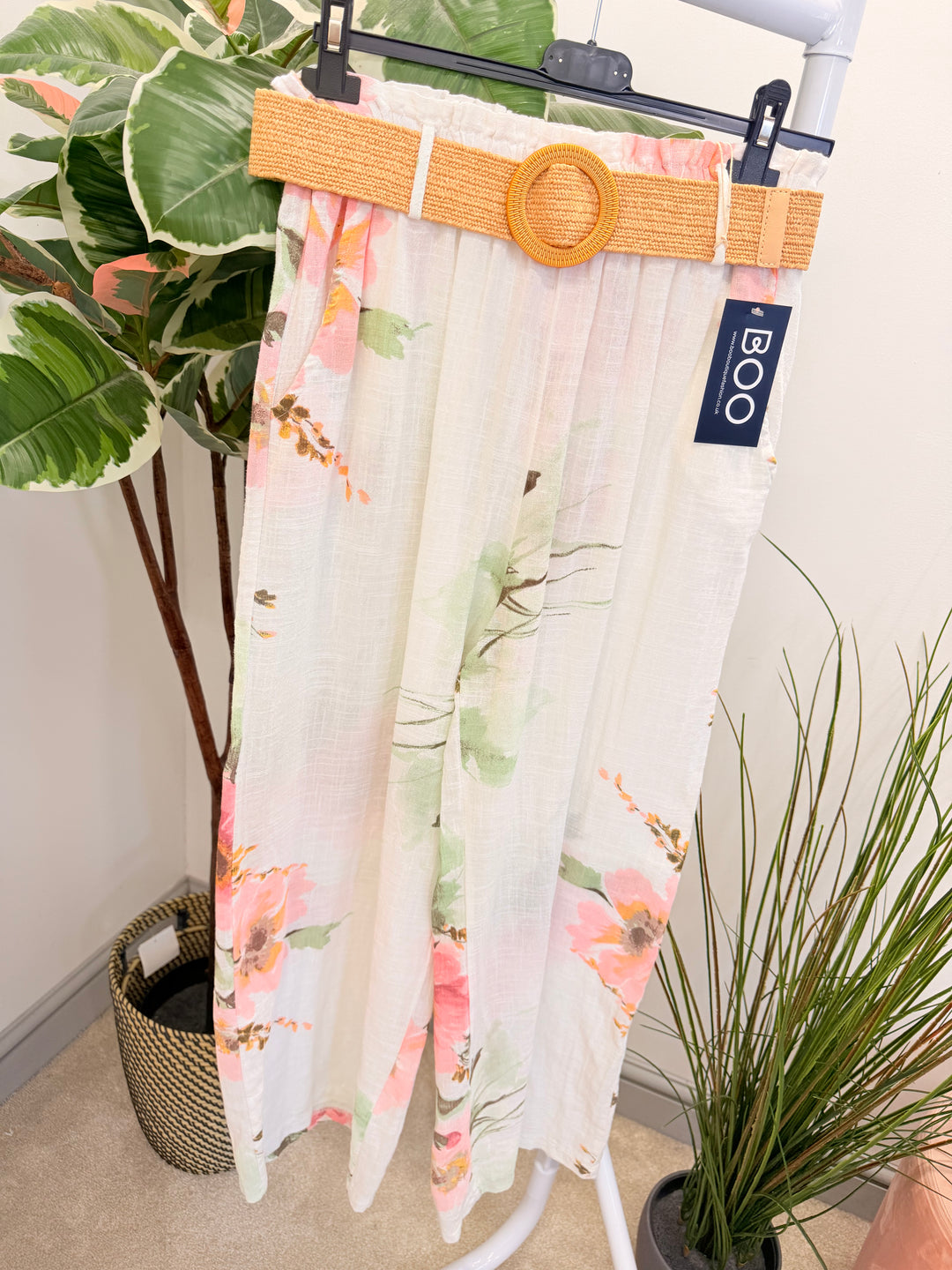 Ladies Fashion Flower Print Light Linen Wide Leg Trousers - White, Pink & Lemon