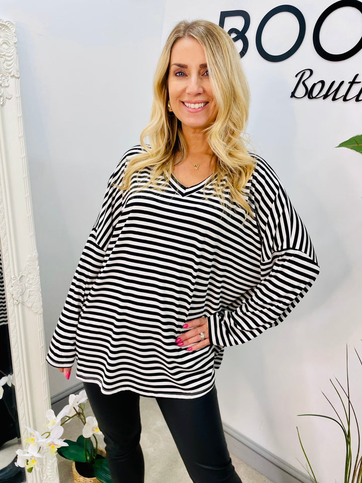 LADIES CASUAL STRIPE LOOSE FIT TOP - KHAKI, NAVY, WINE, BLACK & BROWN