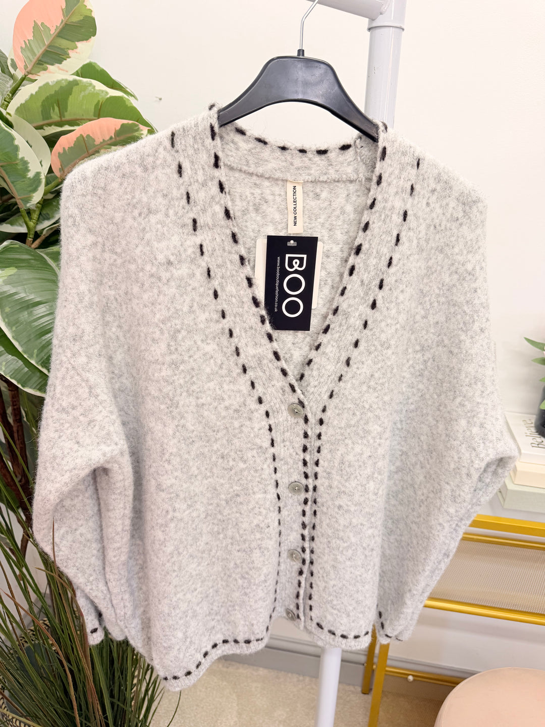 Ladies Fashion Slouch Knitted Cardigan - Black, Grey & Pink