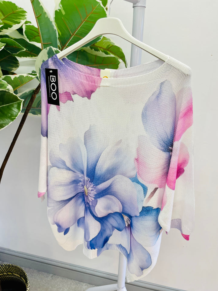 LADIES WOMENS FINE KNIT PASTEL PRINT TOP JUMPER - PINK AND LILAC