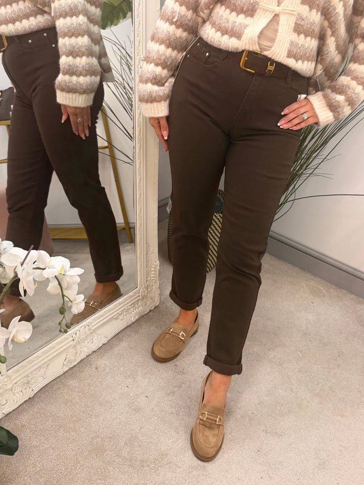 Ladies Fashion Brown Mom Fit Skinny Jeans - sizes 6 to 14