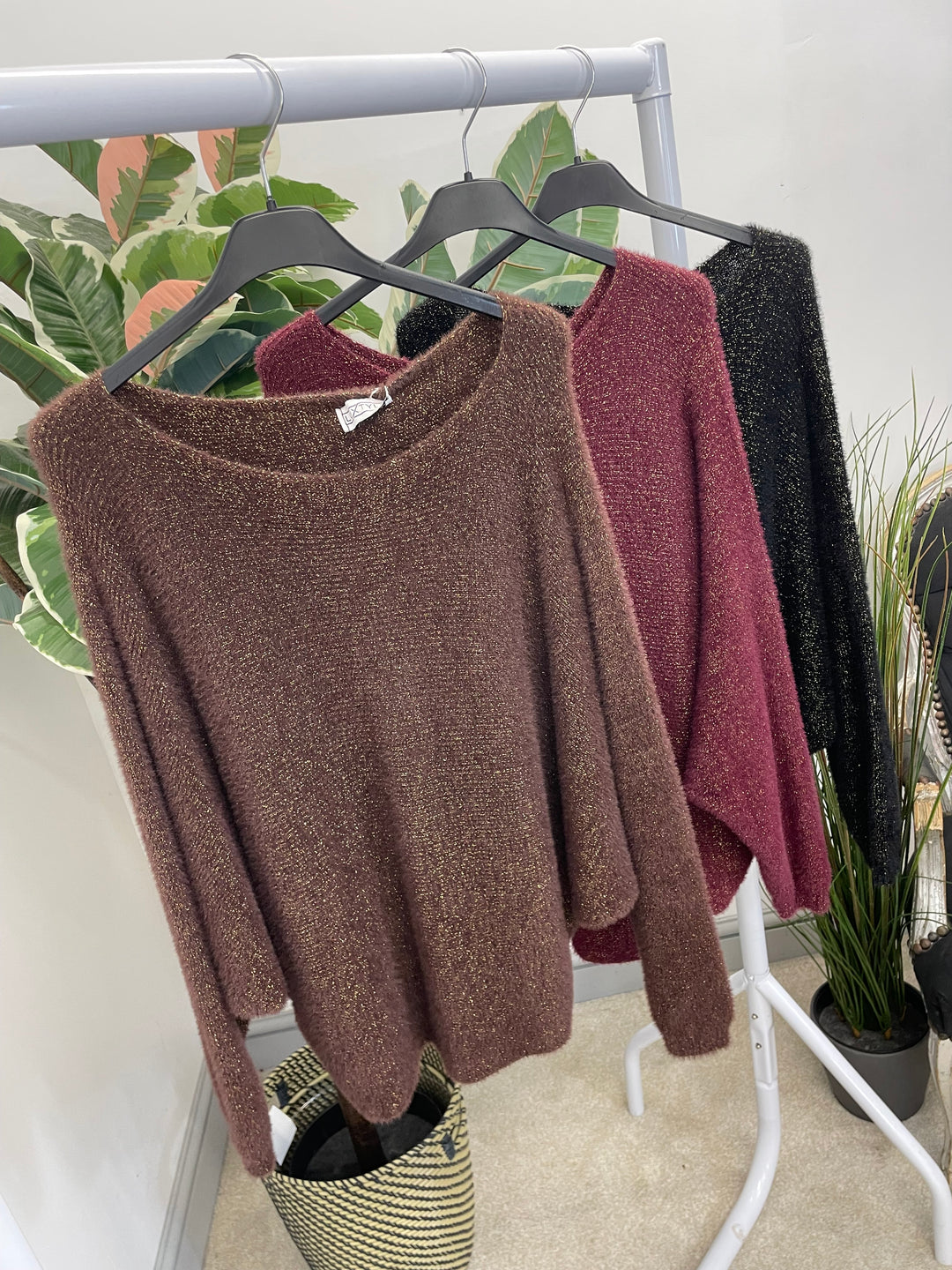 LADIES LUREX BATWING JUMPER - BLACK, BERRY, BROWN