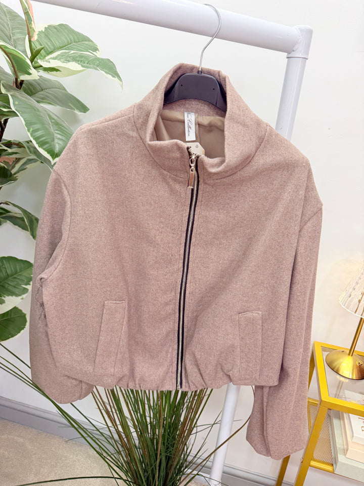 Ladies Fashion Felt Bomber Jacket - Mocha & Brown
