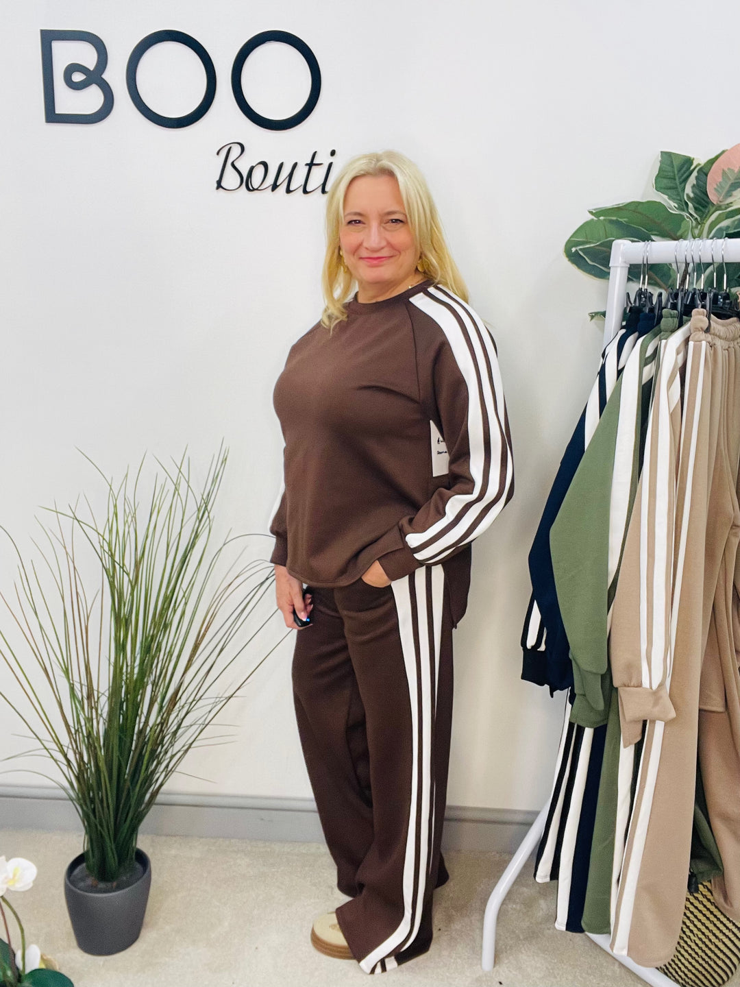 LADIES SPORTS LUXE STRIPE TROUSER CO ORD SET - BLACK, NAVY, KHAKI, MOCHA, BROWN