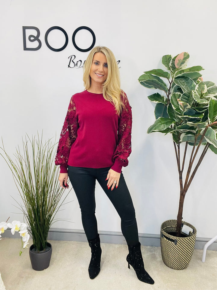 LADIES LACE SLEEVE JUMPER - BLACK, PINK, RED, BERRY,  BROWN & BEIGE