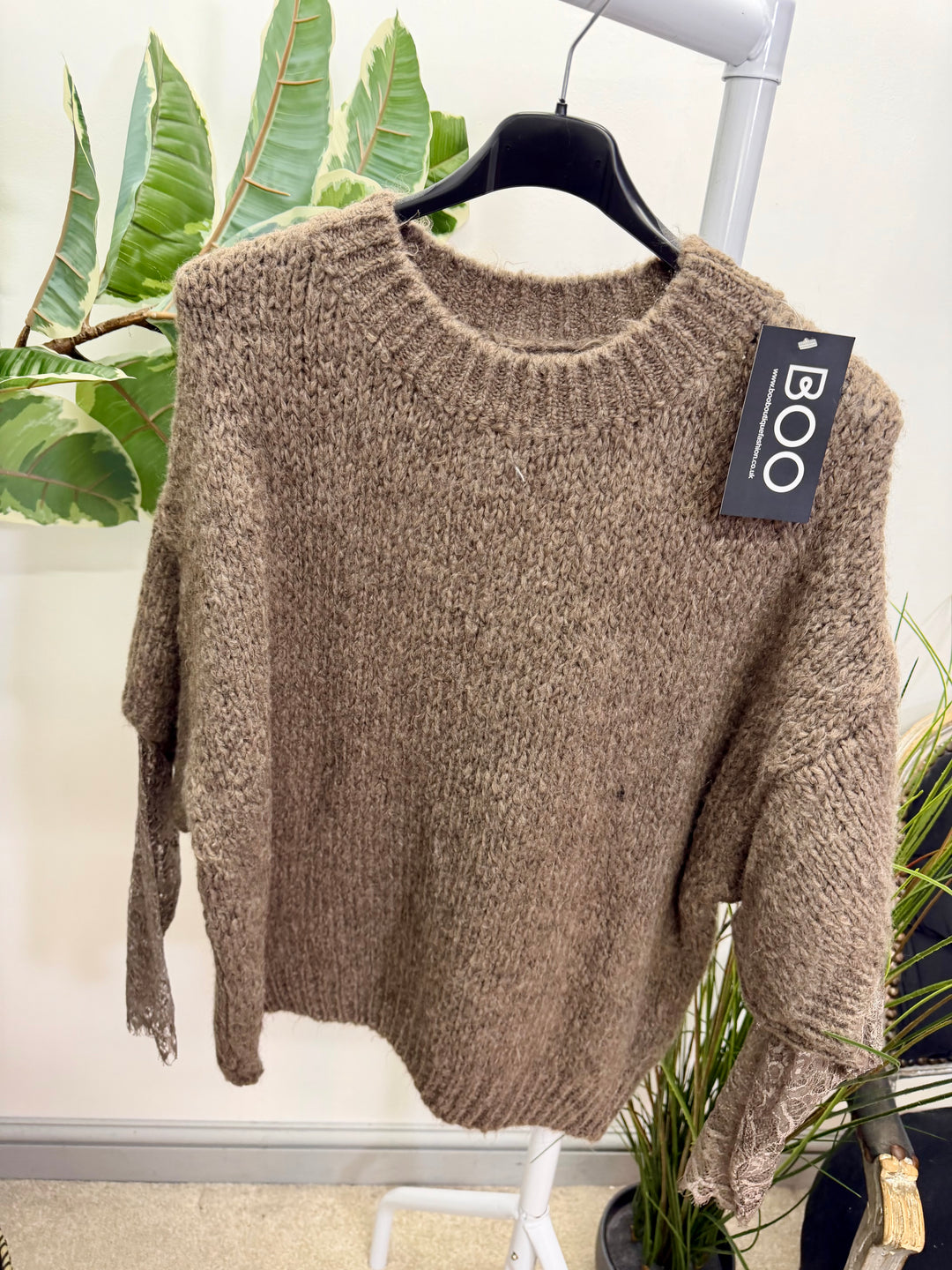 LADIES FASHION CHUNKY KNIT LACE SLEEVE JUMPER - PINK, BLUE, BEIGE, BLACK & BROWN