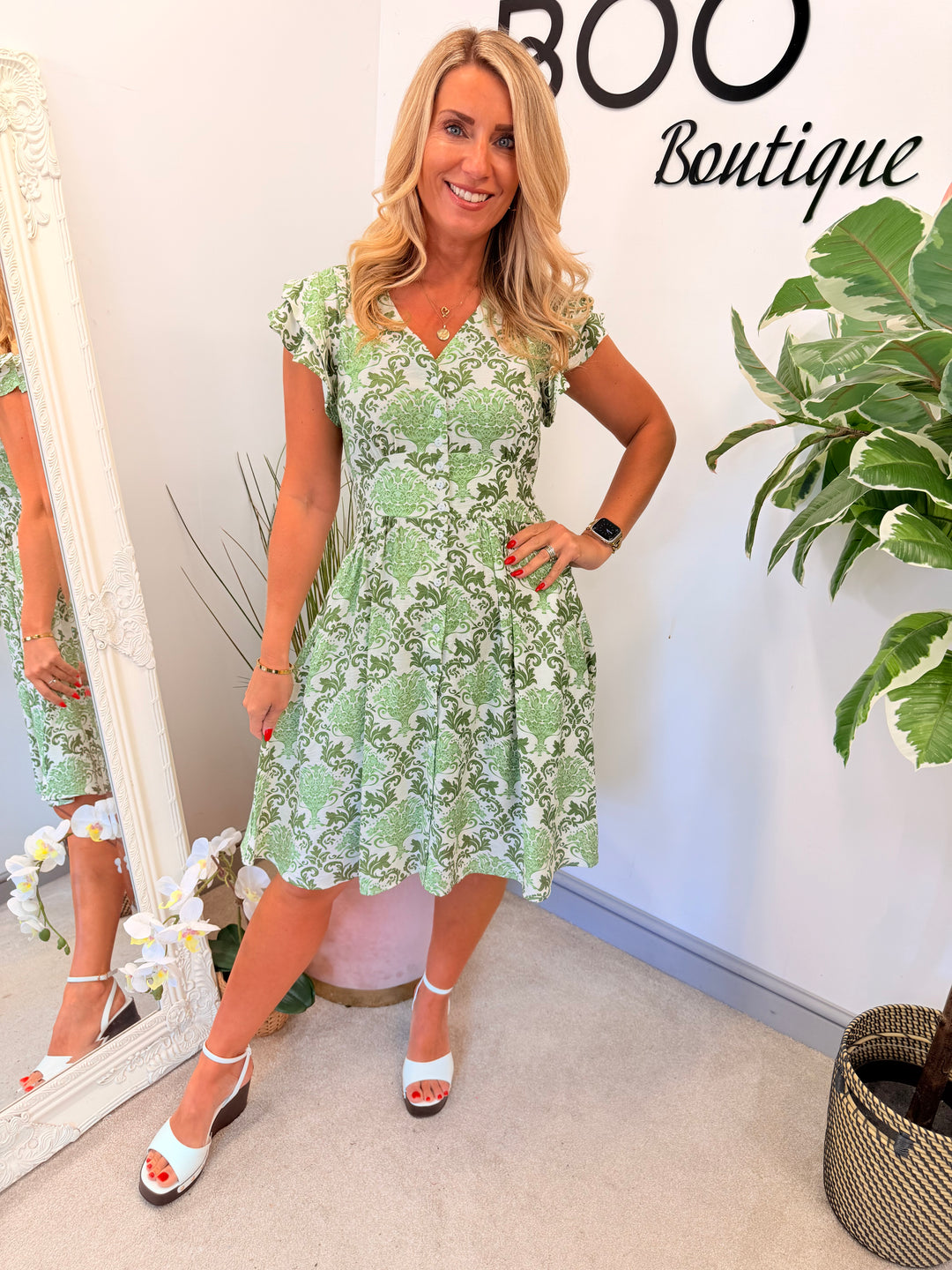 Ladies Green & White Paisley Print Summer Day Dress