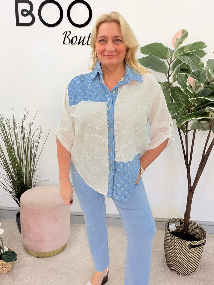 Ladies Fashion White Broderie Anglaise Denim Shirt