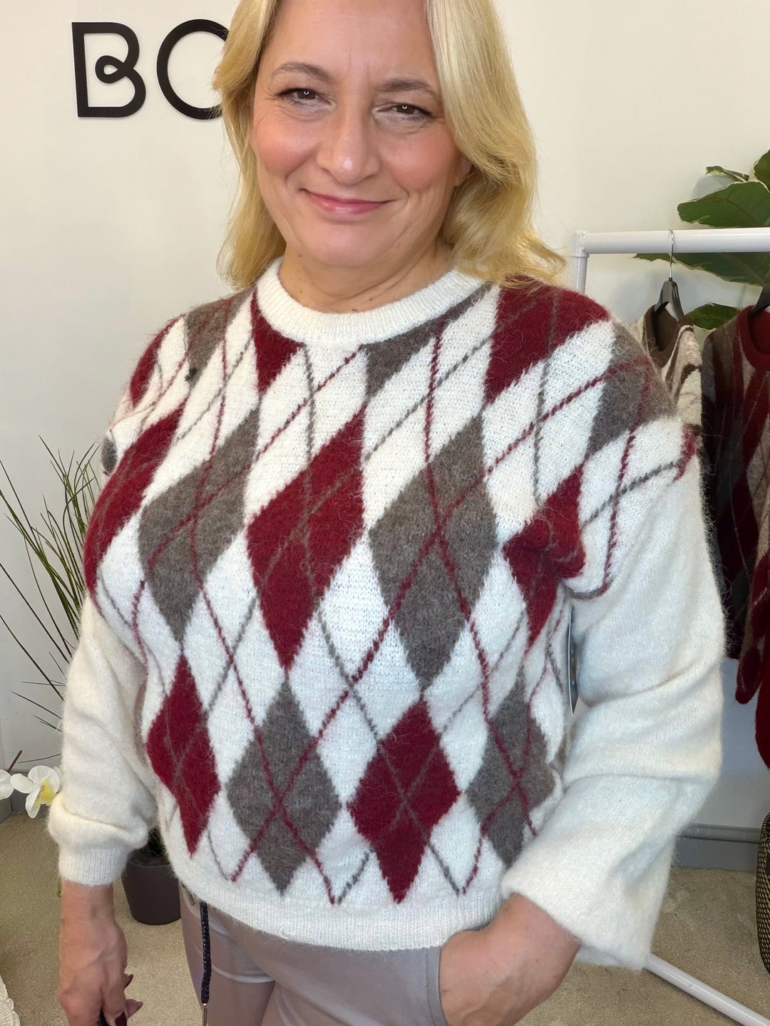 LADIES FASHION ARGYLE KNIT JUMPER - BERRY, CREAM, BROWN, 