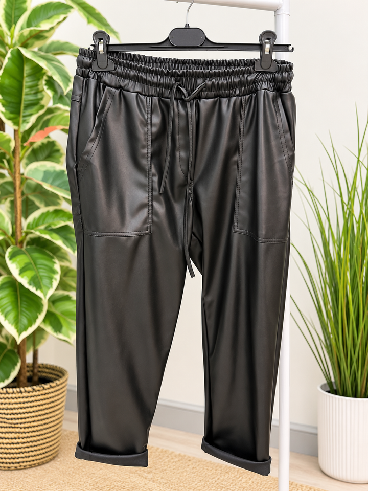 Womens fashion faux leather joggy style trousers - black & brown