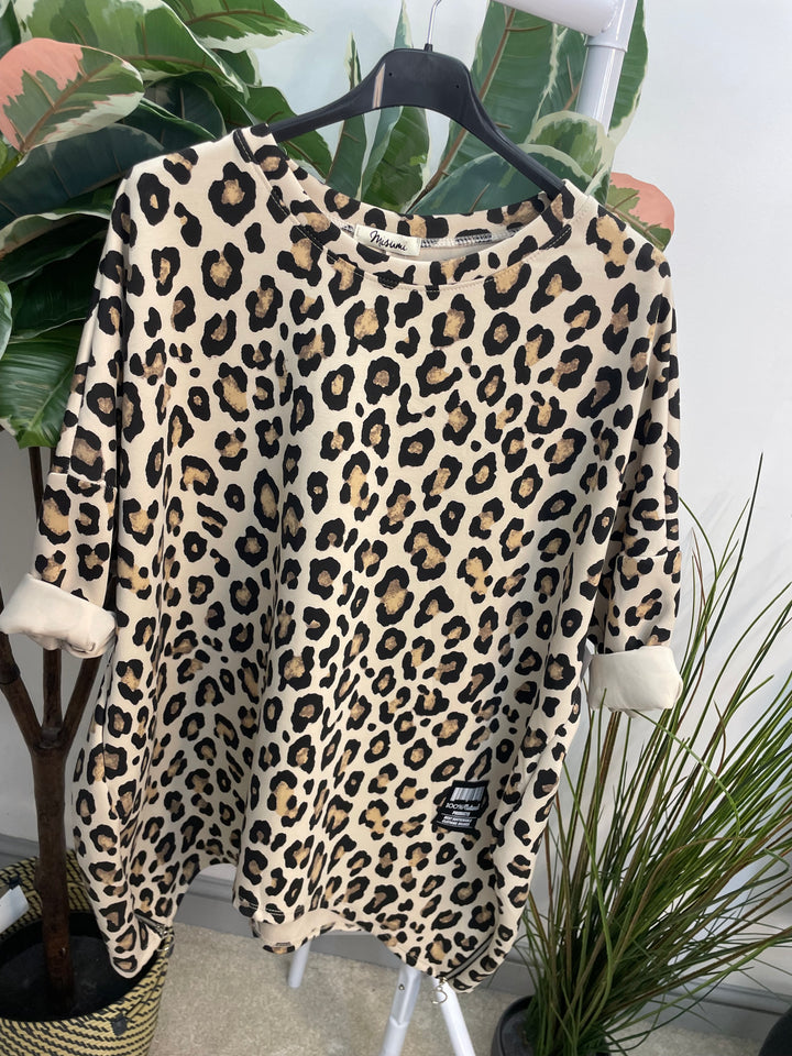 LADIES SCUBA ANIMAL PRINT SWEATSHIRT TOP - BROWN & BEIGE