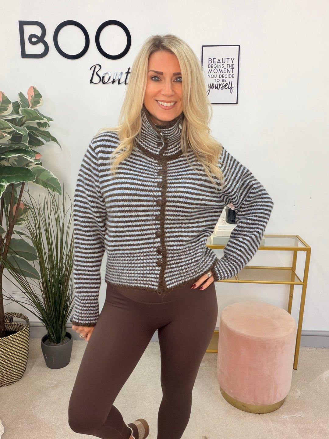 Womens Soft Knit Blue Brown Stripe High Neck Cardigan Jumper