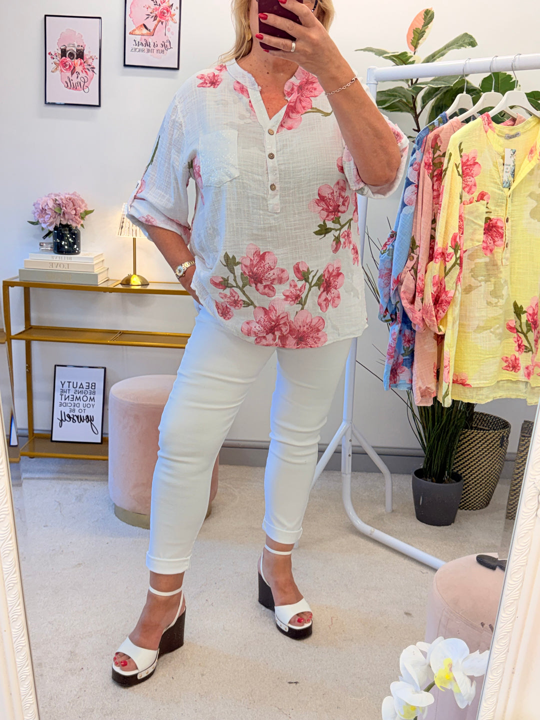 Ladies Light Linen Flower Print Grandad Top Shirt - White, Lemon, Blue & Pink