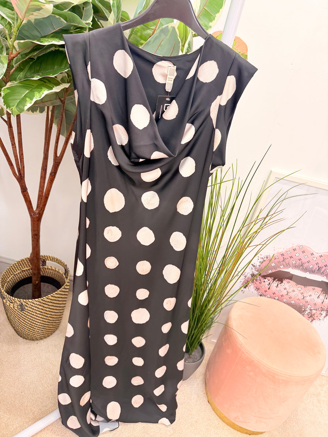 Ladies Satin Polka Dot Sheath Dress - Lemon, Black, Pink, Khaki, Navy, Black & Blue