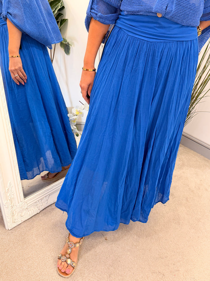 Ladies Fashion Crinkle Boho Maxi Skirt - Brown, White, Pink & Blue